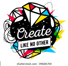 Vector illustration of colorful red, yellow and blue abstract composition with black line frame and text isolated on white background. Line art design for web, site, poster, card, paper print, t-shirt
