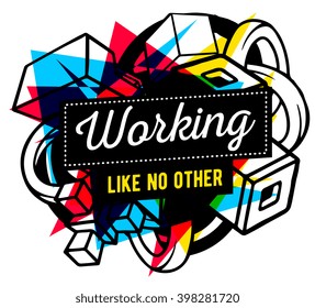 Vector illustration of colorful red, yellow and blue abstract composition with black frame and text isolated on white background. Line art design for web, site, poster, card, paper print, t-shirt.