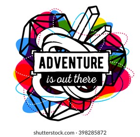 Vector illustration of colorful red, yellow and blue abstract composition with black line frame and text isolated on white background. Line art design for web, site, poster, card, paper print, t-shirt
