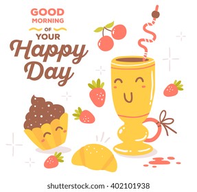 Vector illustration of colorful red and yellow breakfast theme smile objects with brown text isolated on white background. Hand drawn art design for poster, card, paper print, shop, cafe, menu.