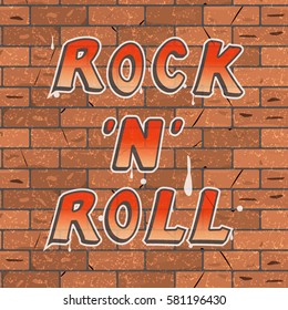 Vector illustration of a colorful red and yellow lettering on a brown brick wall rock 'n' roll