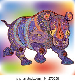 Vector illustration of the colorful rhino in zentangle style.