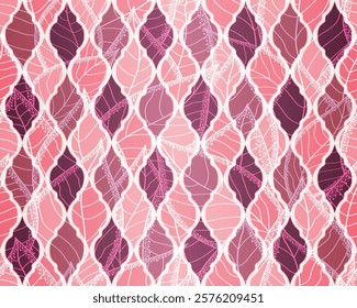 Vector illustration colorful rhombuses and  leaves seamless valentine pattern. Floral organic background. For textiles, wallpaper and packaging.