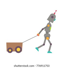 Vector illustration of colorful robot. Cute funny robot with truck in cartoon style. Isolated on white background.