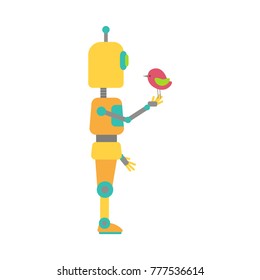 Vector illustration of colorful robot. Cute funny robot holds bird in cartoon style. Isolated on white background.