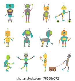 Vector illustration of colorful robot set. Collection of cute funny robots in cartoon style. Isolated on white background.