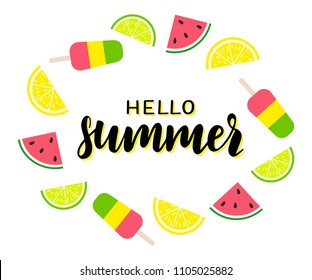 Vector illustration- colorful round frame of summer delights including watermelon, fruit ice, and sliced fruites. colorful and sunny design for banners, posters, decoration, cards and postcards. EPS10