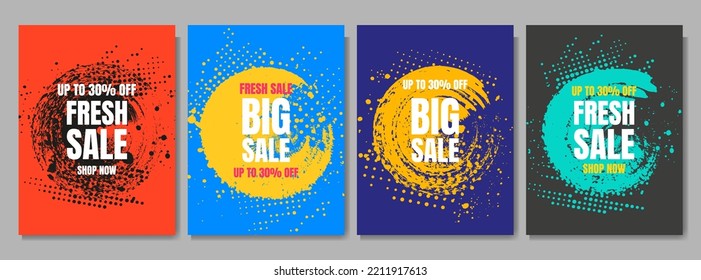 Vector illustration. Colorful sale background. Ink brush stroke posters. Paint splash effect. Abstract art frames collection. Design elements for poster, cover, magazine, headline, layout, brochure