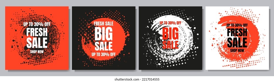 Vector illustration. Colorful sale background. Ink brush stroke posters. Paint splash effect. Abstract art frames collection. Design elements for social media, blog post, web template