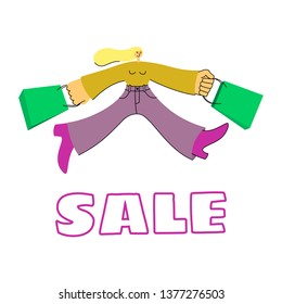 vector illustration of Colorful sale character on white isolated background. Women in trendy flat style and lines with big limbs and small heads. Hold bags. Big Discount, black Friday, cyber Monday