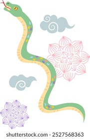 Ilustración vectorial de una serpiente escamosa colorida que se eleva en el cielo y el fondo de la flor de loto