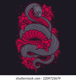 Vector Illustration Colorful Scary Snake With Flower Environment Vintage Illustration