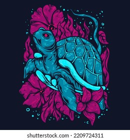 Vector Illustration Colorful Sea Turtle Under Water Surrounded By Sea Weed And Flowers Vintage Illustration