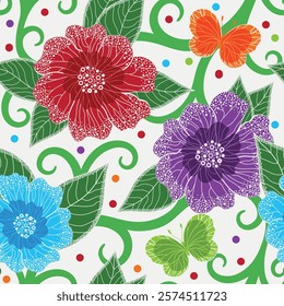 Vector illustration colorful seamless floral pattern. Floral organic background with dotted flowers and leaves and butterflies. For textile, wallpaper and packaging.