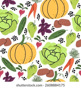 Vector illustration of a colorful seamless pattern featuring assorted vegetables in a flat cartoon style. Includes pumpkins, cabbage, carrots, and more against a white background. 
