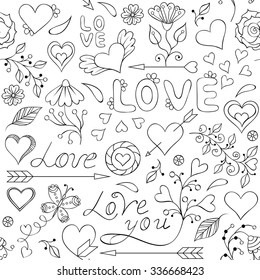 Vector illustration of colorful seamless pattern with hearts, flowers and other elements