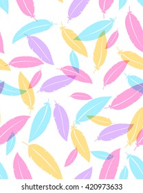 Vector illustration of colorful seamless pattern of feathers on white background. Yellow, pink, blue, purple colors. Flat art design to make a poster, wedding card, invitation, greeting card