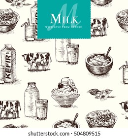 Vector illustration colorful seamless pattern with dairy products. Different sorts of dairy products
