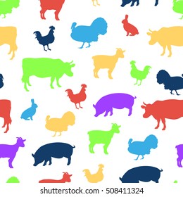 Vector illustration colorful seamless pattern farm animals silhouette with cow, chicken, goat, rabbit and turkey.