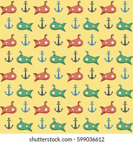 Vector Illustration Colorful Seamless Pattern Of Bathyscaphe and Anchors in Cartoon Doodle Style