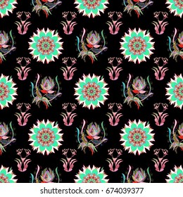 Vector illustration. Colorful seamless pattern. Floral background. In cute textile style on colorful background. Flowers wallpaper.