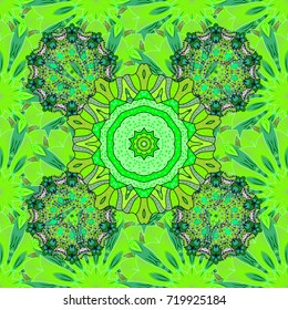 Vector illustration. Colorful seamless pattern. Flowers wallpaper. Floral background. In cute textile style on green, neutral and black colors.