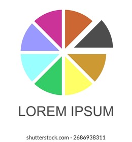Vector illustration of a colorful, segmented pie chart divided into 8 unequal parts. Ideal for business presentation, data visualization, financial analysis, logo design, and infographic layouts