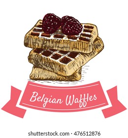 Vector illustration colorful set with Belgian waffles. Illustration various of bakery products on white background
