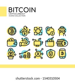 Vector illustration colorful
set of bitcoin and cryptocurrency icons. Mining, trading, exchange, blockchain, investment, digital money, finance.