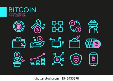 Vector illustration colorful
set of bitcoin and cryptocurrency icons. Mining, trading, exchange, blockchain, investment, digital money, finance. Neon style