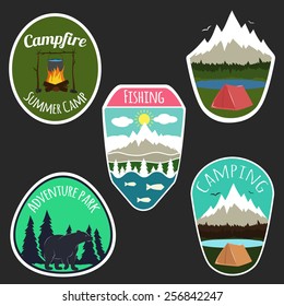 Vector illustration. Colorful set of camping emblems with mountains, trees, campfire with tent and sky