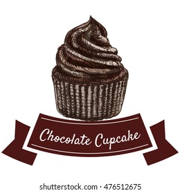 Vector illustration colorful set with chocolate cupcake. Illustration various of bakery products on white background