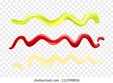 Vector illustration colorful set of depicting strips of different sauce, ketchup, mayonnaise, wasabi spots on transparent background.