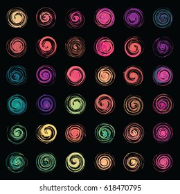 vector illustration of colorful set with different spirals for artistic or cosmic concepts on black background