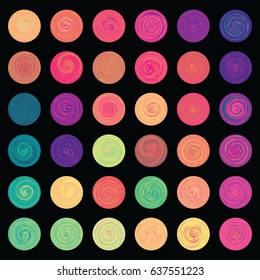 vector illustration of colorful set with different spirals for artistic or cosmic concepts on black background