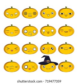 Vector illustration. Colorful set of emoji pumpkins for Halloween.