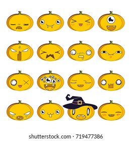 Vector illustration. Colorful set of emoji pumpkins for Halloween.