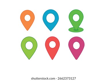 Vector illustration of a colorful set of flat map pin icons in various colors including orange, blue, green, red, and pink. Simple and modern location markers for GPS, navigation, or map interface UI