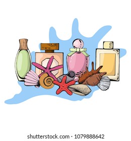 Vector Illustration. Colorful set of perfume bottles and sea shells in marine style.