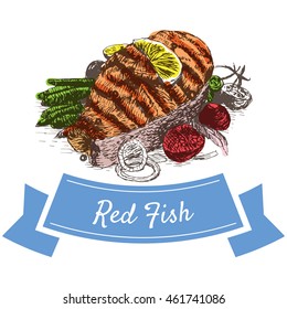 Vector illustration colorful set with red fish. Illustration sort of seafood