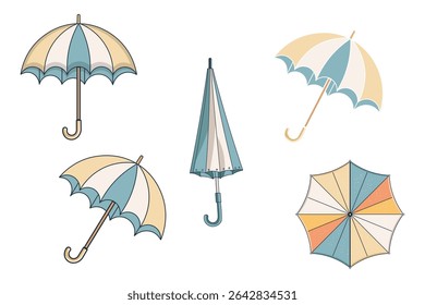 Vector illustration of a colorful set of umbrellas in various styles and colors, flat cartoon design, rainy weather protection icons, seamless pattern for kids, web, print, and seasonal themes

