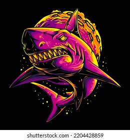 Vector Illustration Colorful Shark with cool and spooky position with sharp teeth vintage illustration