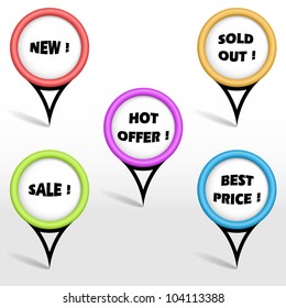 Vector illustration of colorful shop pointers. Layered document.
