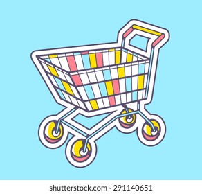 Vector illustration of colorful shopping trolley top view on blue background. Hand draw line art design for web, site, advertising, banner, poster, board and print.  