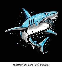 Vector Illustration Colorful Side View of a Shark With its Prey Hunting Position in The Water Vintage Illustration