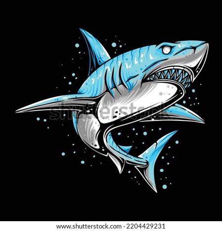 Vector Illustration Colorful Side View of a Shark With its Prey Hunting Position in The Water Vintage Illustration