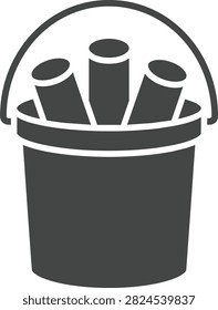 Vector illustration of a colorful sidewalk chalk bucket on a pavement background. Creative outdoor play and street art concept for children.