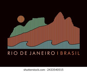 Vector illustration of colorful silhouettes of mountains in the coastal region of Rio de Janeiro. Art in graphic style formed by vertical stripes.