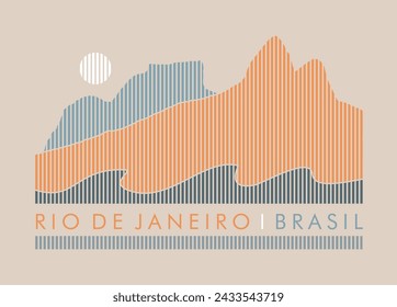 Vector illustration of colorful silhouettes of mountains in the coastal region of Rio de Janeiro. Art in graphic style formed by vertical stripes.