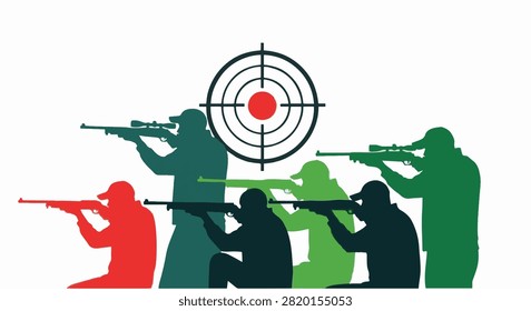 Vector illustration of colorful silhouettes showing shooters in kneeling and standing stances aiming scoped rifles at a circular target with a red bullseye on a plain white background.